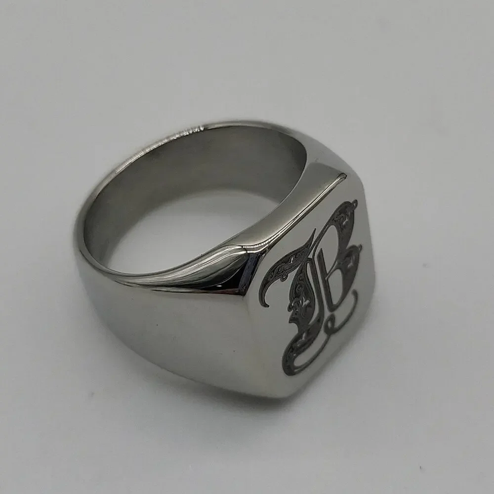 Men’s Stainless Steel Initial B Signet Ring Size 9 Engraved Handmade NWT